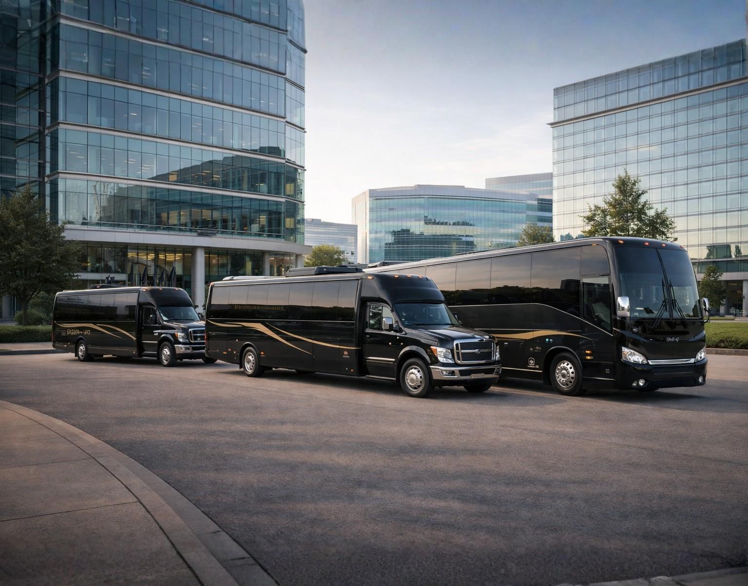 JC Limo executive bus fleet parked outside modern Dallas corporate office buildings for professional corporate transportation services.