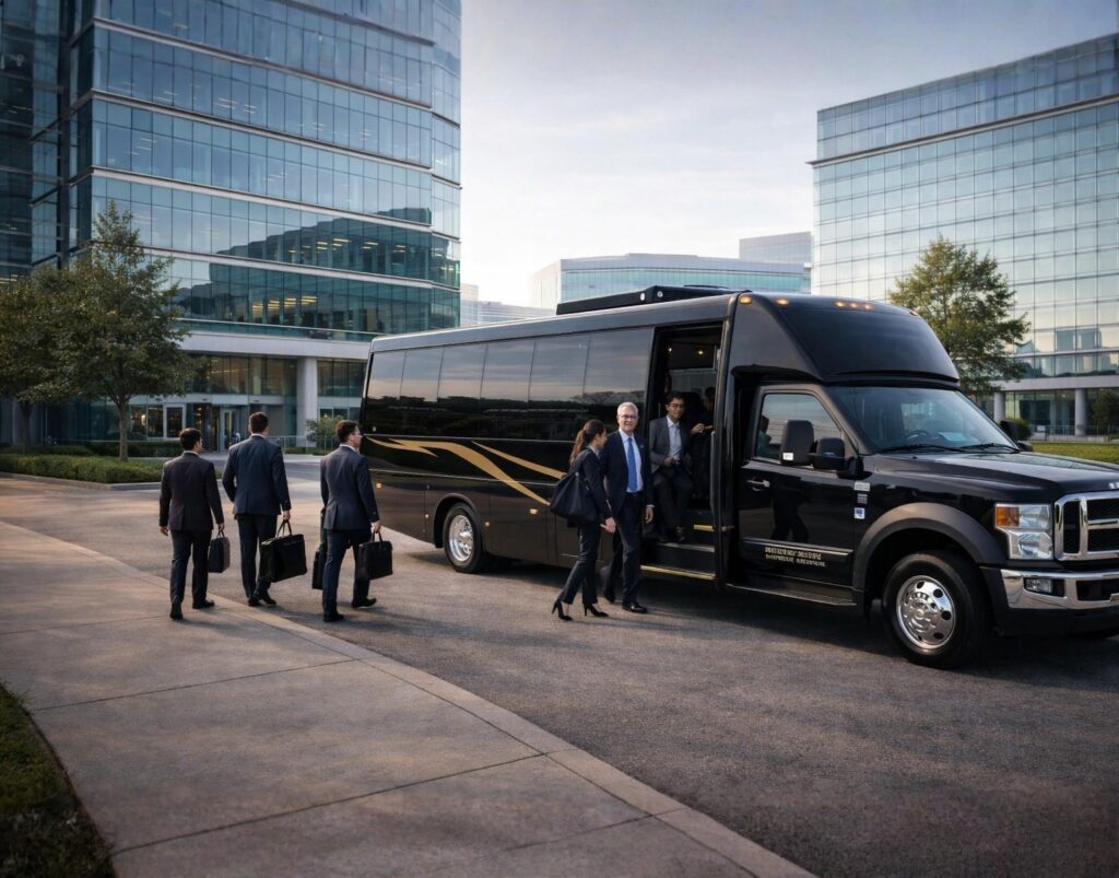Black executive shuttle bus transporting corporate professionals in Dallas business district for multi-stop hourly transportation service