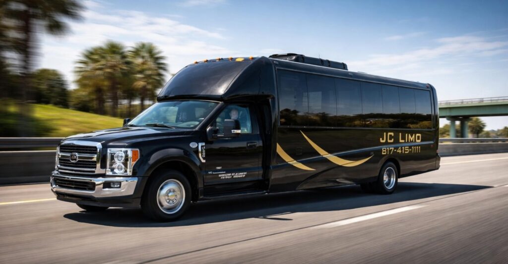 Black JC Limo executive shuttle bus driving on Dallas highway providing group transportation service
