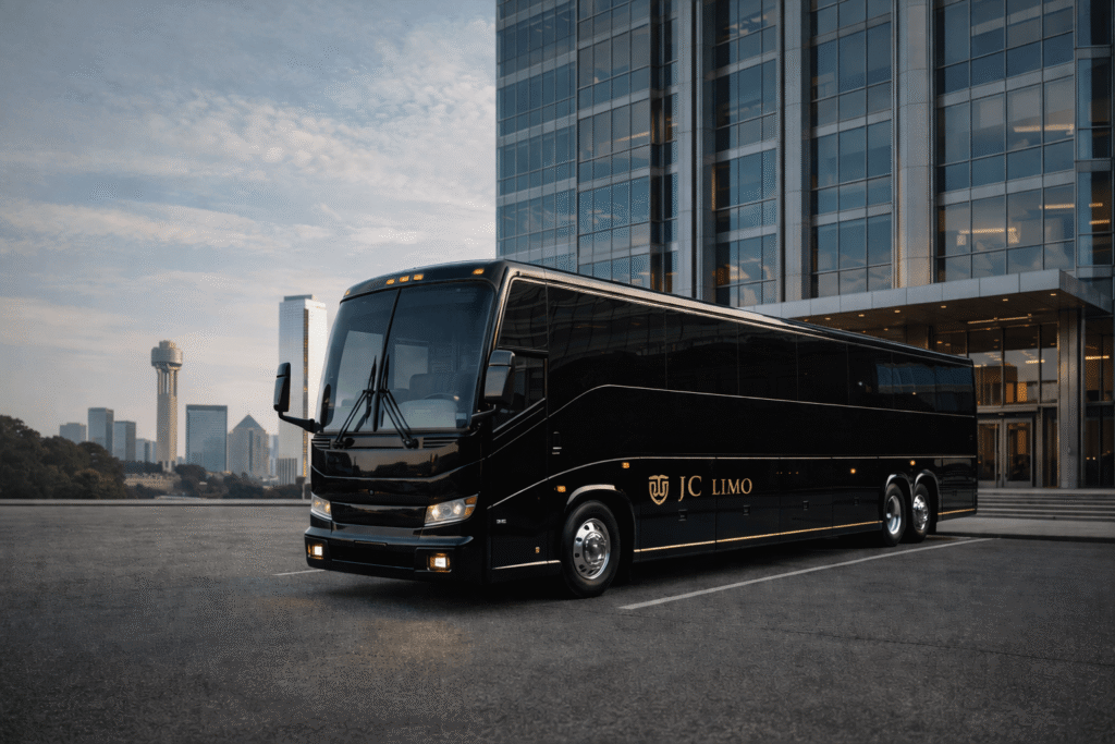 JC Limo 56-passenger luxury motor coach parked outside a modern Dallas corporate building for executive group transportation in DFW.
