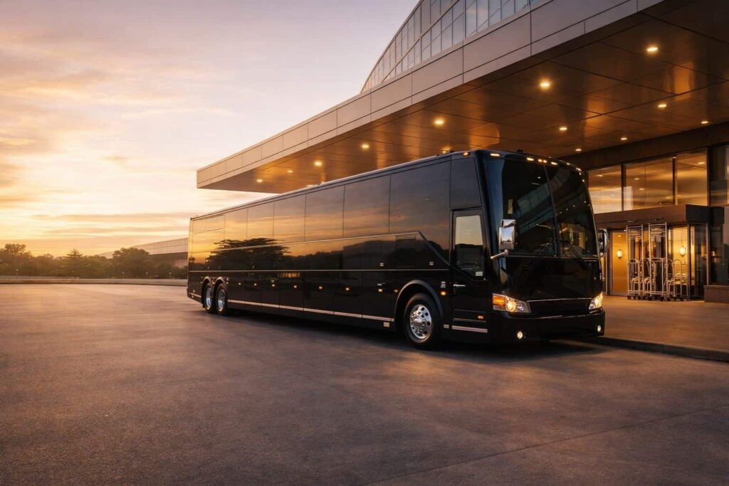 Luxury motor coach outside Dallas hotel providing airport shuttle transportation for conference and group travel