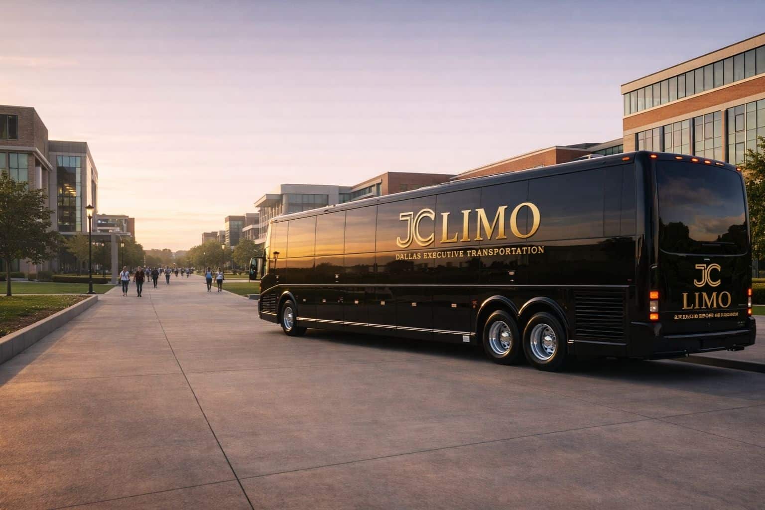 JC Limo luxury motor coach on a Dallas campus providing shuttle transportation for students and institutional travel