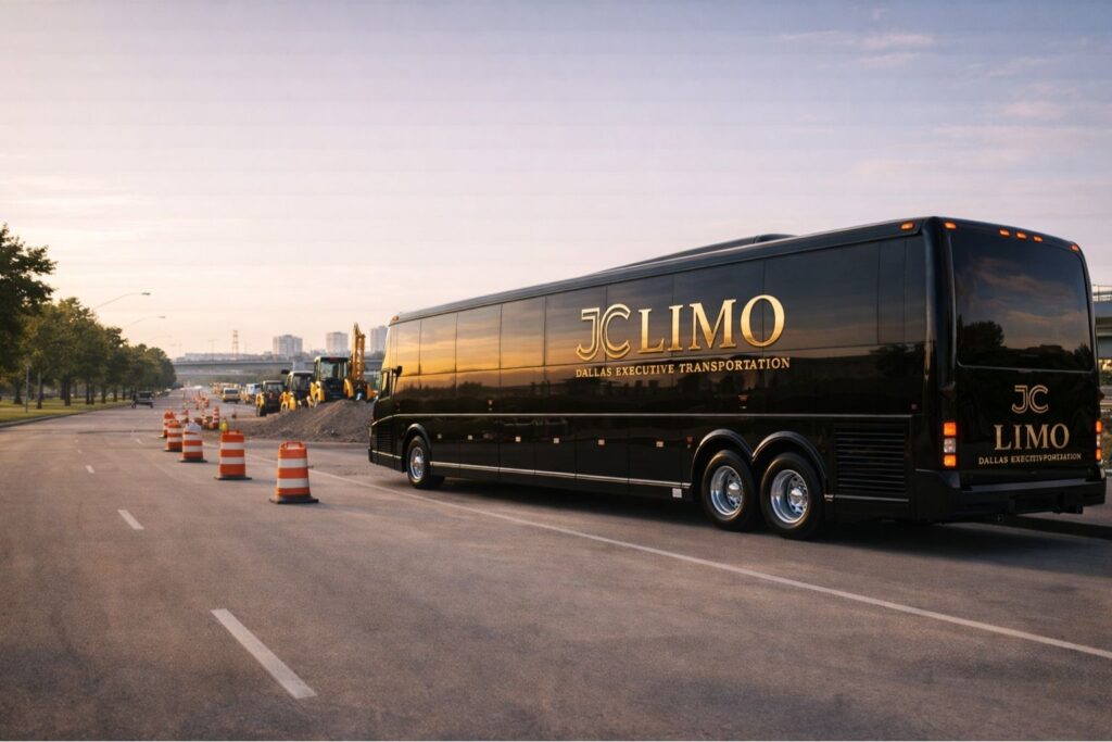 Motor coach providing transportation for municipal infrastructure workers in Dallas