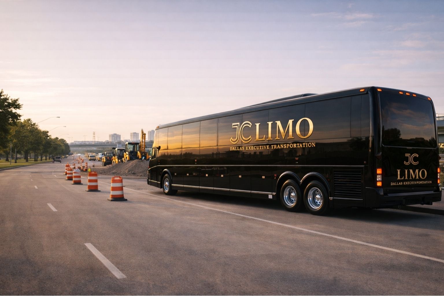 Motor coach providing transportation for municipal infrastructure workers in Dallas