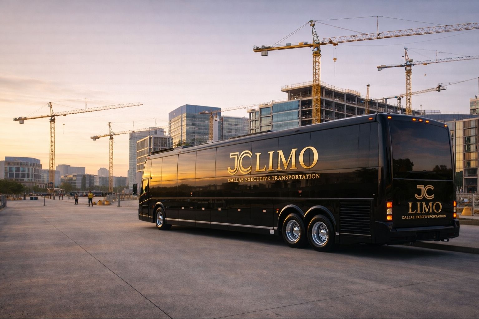 Motor coach transporting workers at commercial development construction site in Dallas