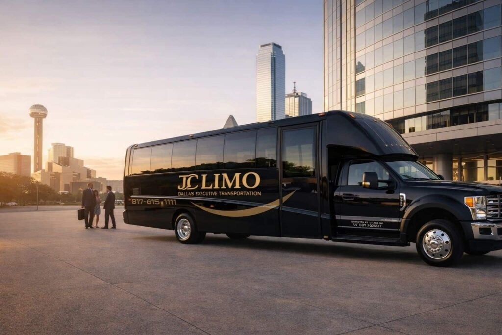 Luxury motor coach for corporate group transportation in Dallas serving business meetings and executive travel