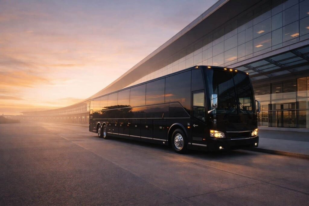Luxury JC Limo black motor coach parked at a high-end Dallas hotel offering executive transportation services