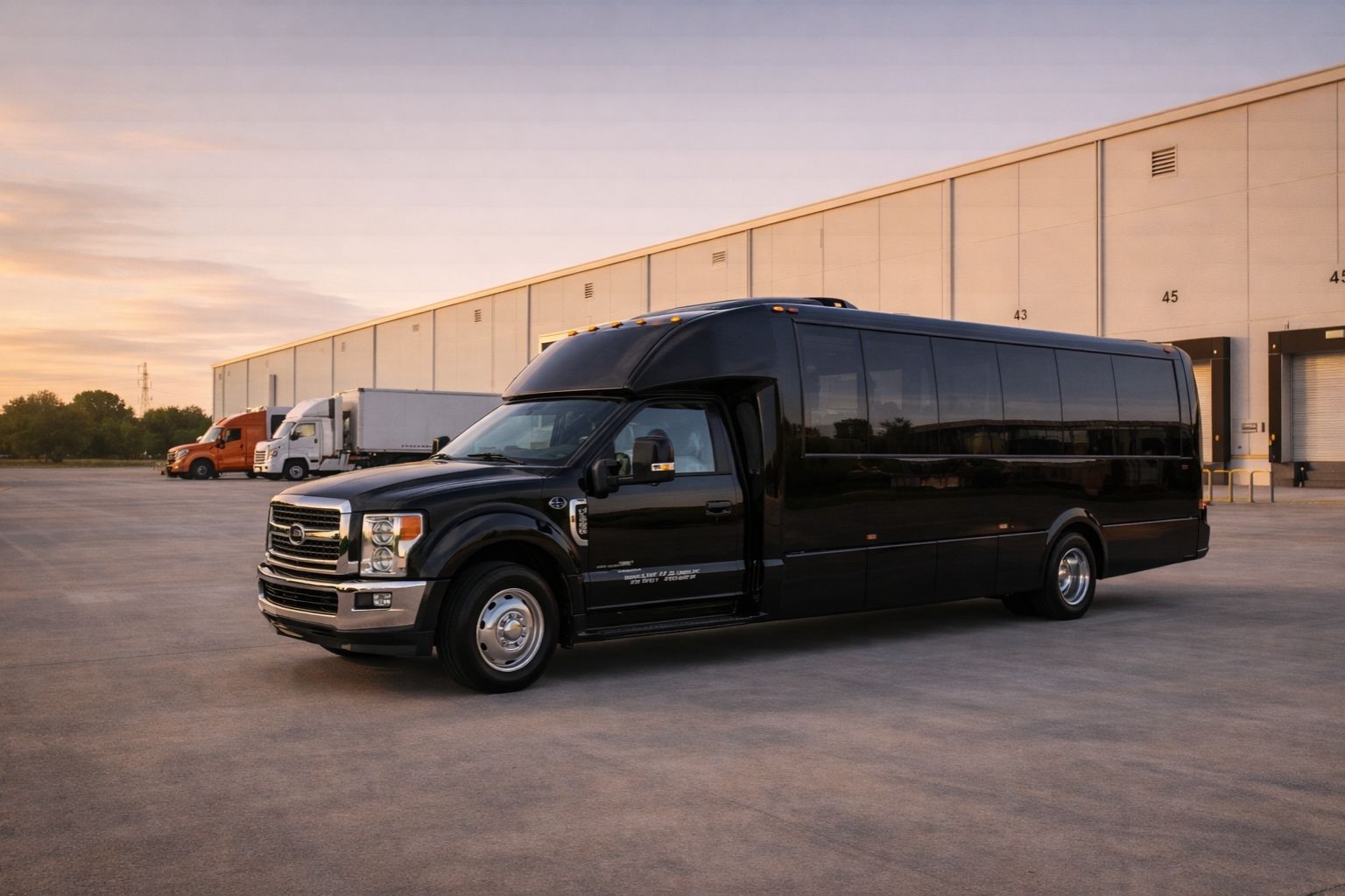Motor coach transporting workers to industrial warehouse facility in Dallas