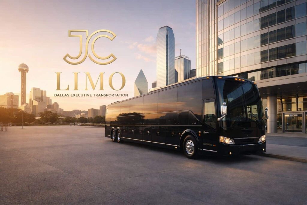 JC Limo luxury black motor coach in Dallas skyline offering executive transportation and corporate shuttle services