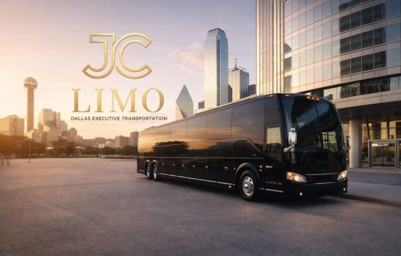 JC Limo JC Limo luxury black motor coach in Dallas skyline offering executive transportation and corporate shuttle services