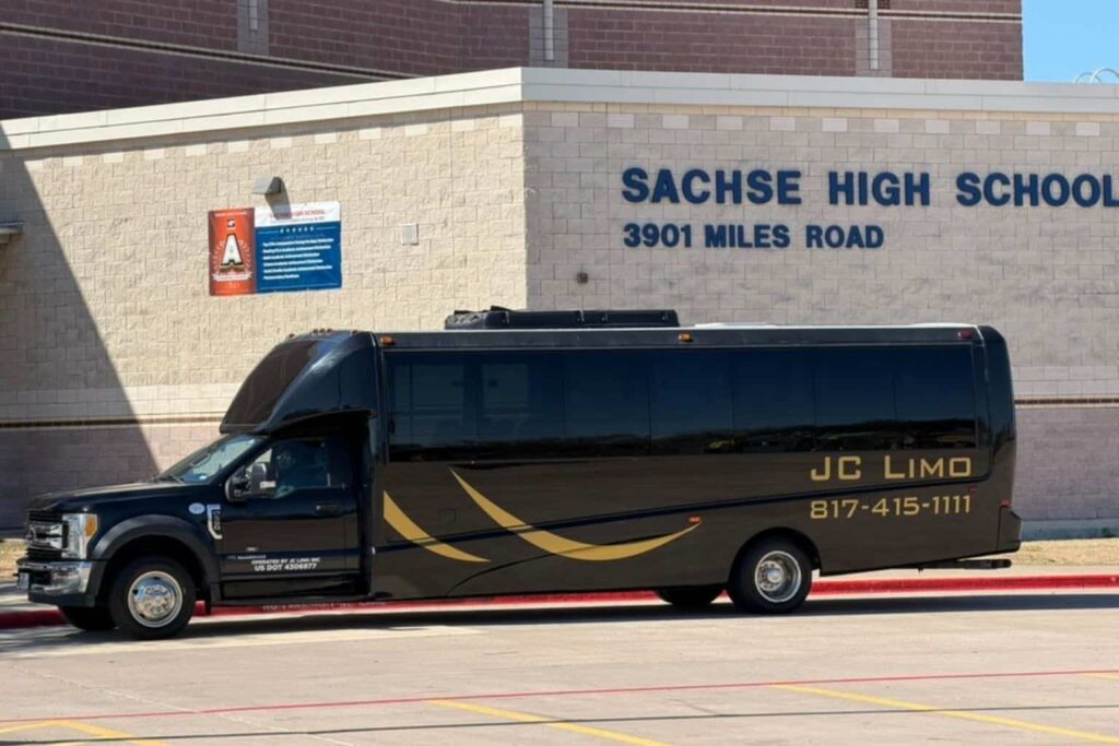 JC Limo shuttle bus at Sachse High School in Dallas providing school and student transportation services