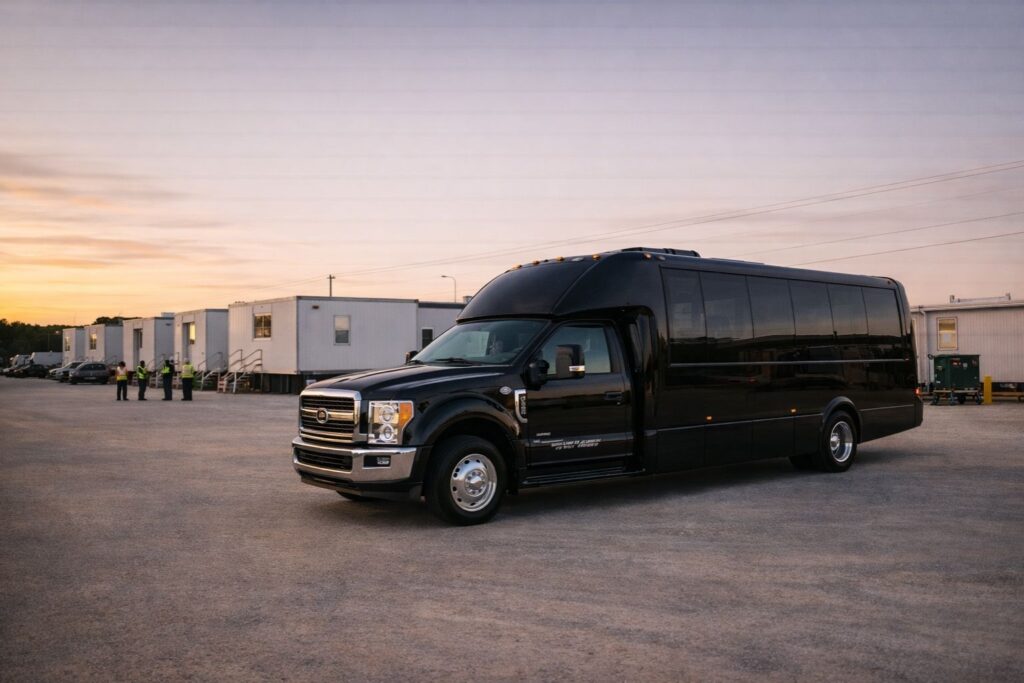 Motor coach transporting temporary workforce in Dallas between housing and job sites