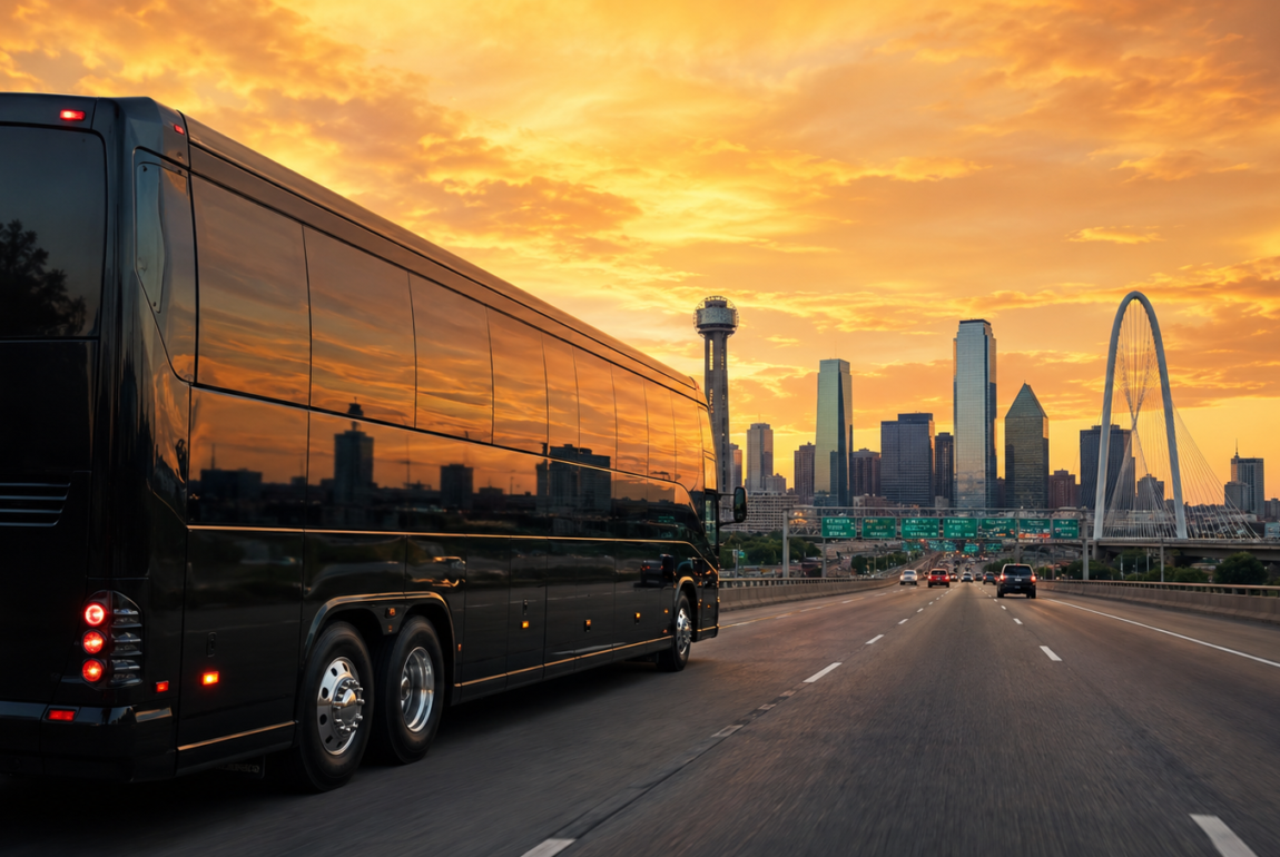 JC Limo Black tour bus driving on a highway at sunset with a city skyline and a white arch bridge in the background.