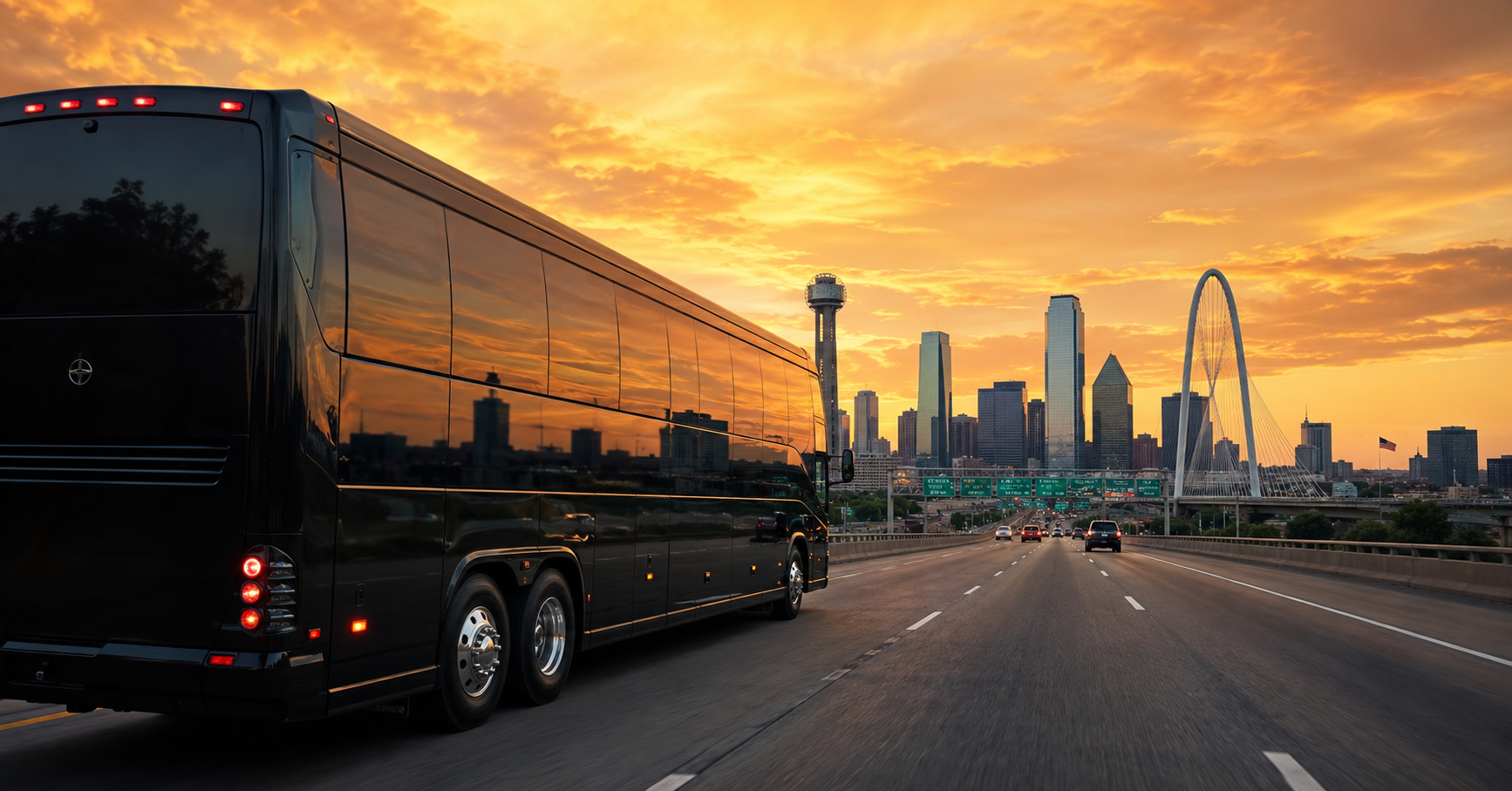 Black tour bus driving on a highway at sunset with a city skyline and a white arch bridge in the background.