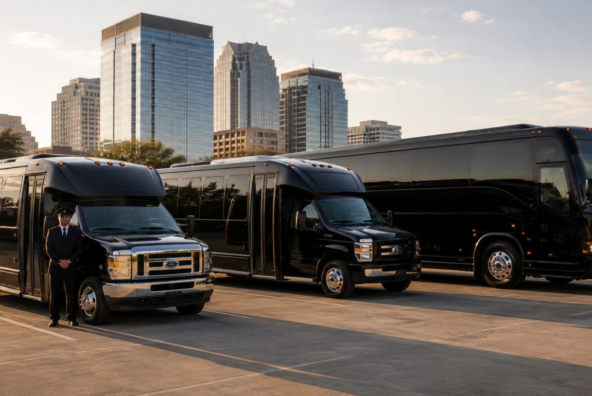 JC Limo Row of three black luxury buses parked in an empty lot, with a uniformed driver standing by the front bus and a city skyline in the background at sunset.