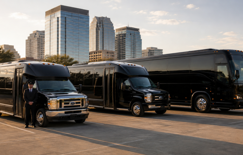 JC Limo Row of three black luxury buses parked in an empty lot, with a uniformed driver standing by the front bus and a city skyline in the background at sunset.