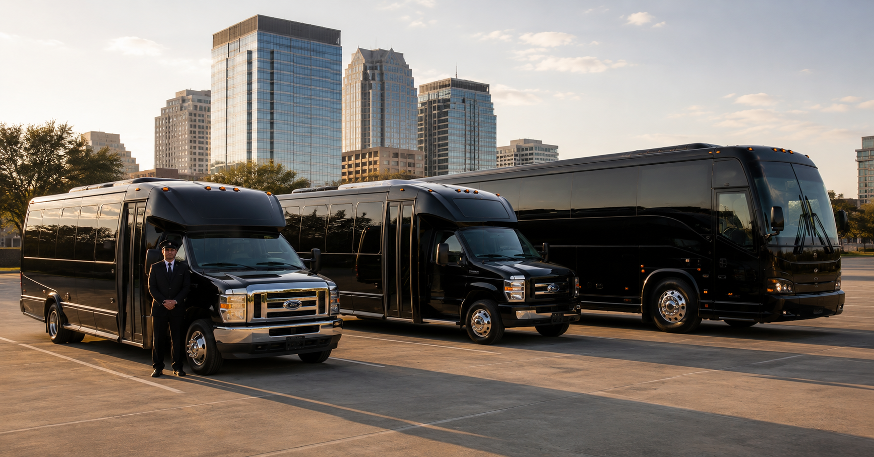 Row of three black luxury buses parked in an empty lot, with a uniformed driver standing by the front bus and a city skyline in the background at sunset.