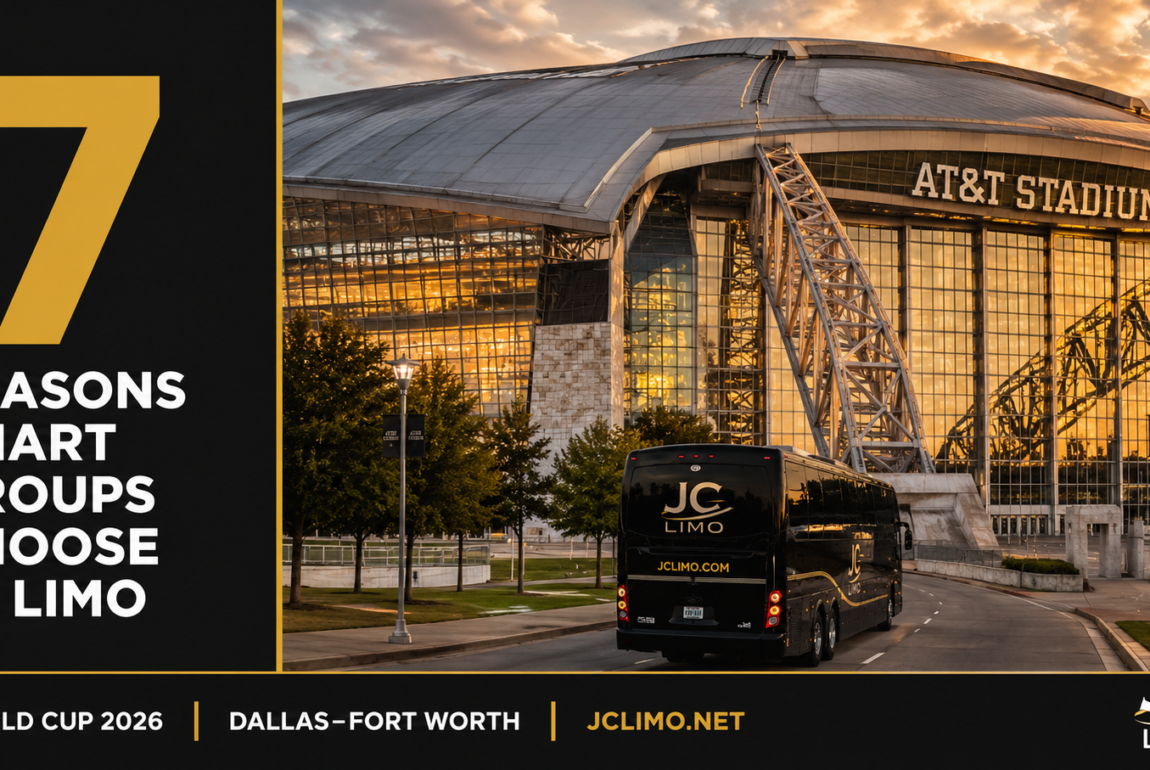 JC Limo Promotional banner for JC Limo: the text '7 Reasons Smart Groups Choose JC Limo' on a black-gold panel beside a photo of an AT&T Stadium bus tour at sunset with a JC Limo bus in the foreground.