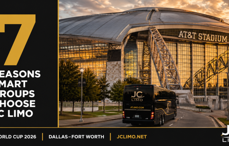 JC Limo Promotional banner for JC Limo: the text '7 Reasons Smart Groups Choose JC Limo' on a black-gold panel beside a photo of an AT&T Stadium bus tour at sunset with a JC Limo bus in the foreground.