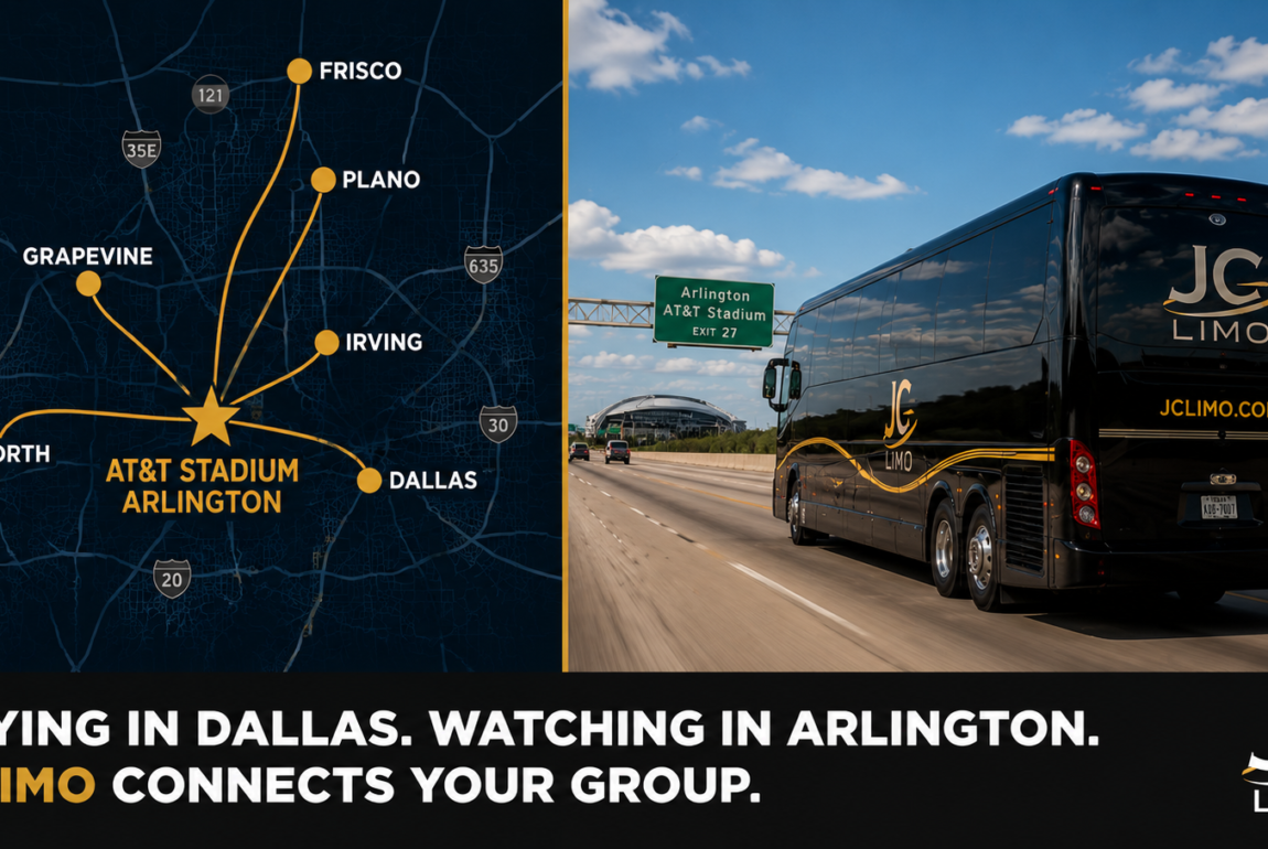 JC Limo Map showing routes from AT&T Stadium in Arlington to Dallas, Irving, Plano, Frisco and Grapevine with a star at the stadium; JC Limo bus on the right highway scene.