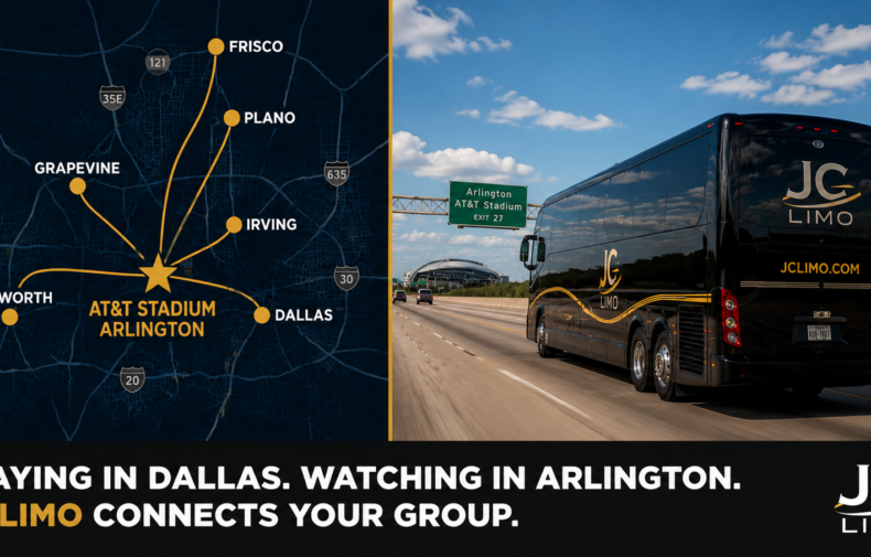 JC Limo Map showing routes from AT&T Stadium in Arlington to Dallas, Irving, Plano, Frisco and Grapevine with a star at the stadium; JC Limo bus on the right highway scene.
