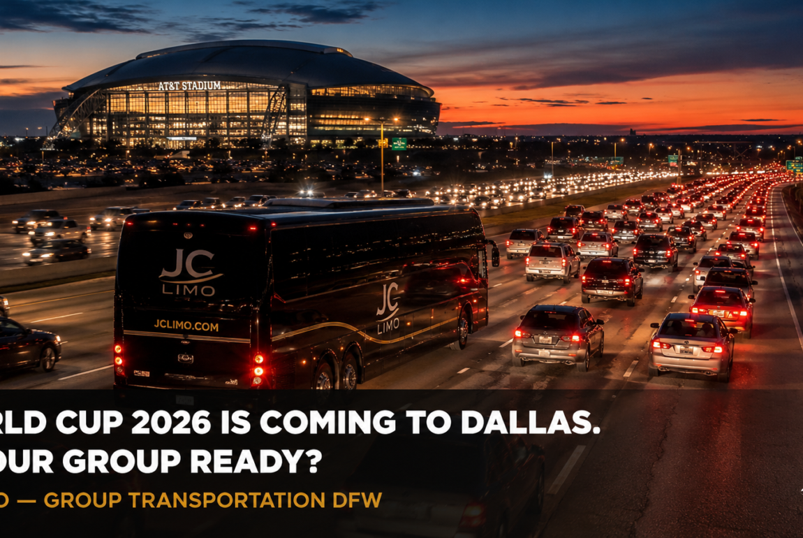 JC Limo Sunset freeway with heavy traffic and a JC Limo bus in the foreground; stadium lights glow in the distance as the ad reads: 'World Cup 2026 is coming to Dallas. Is your group ready?'