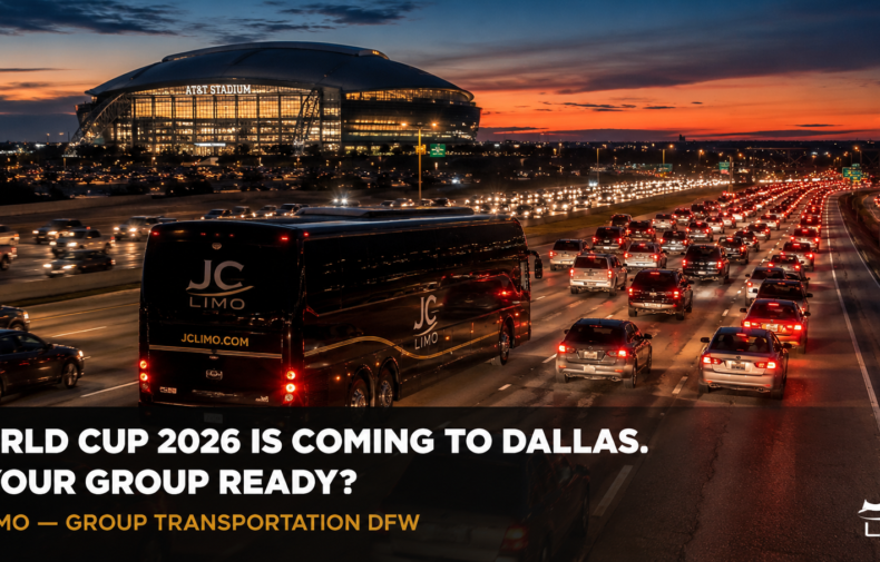 JC Limo Sunset freeway with heavy traffic and a JC Limo bus in the foreground; stadium lights glow in the distance as the ad reads: 'World Cup 2026 is coming to Dallas. Is your group ready?'