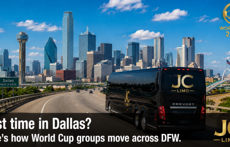 JC Limo Black JC Limo bus on a highway with the Dallas skyline in the background and a World Cup 2026 logo in the top right corner, conveying a Dallas travel promo.
