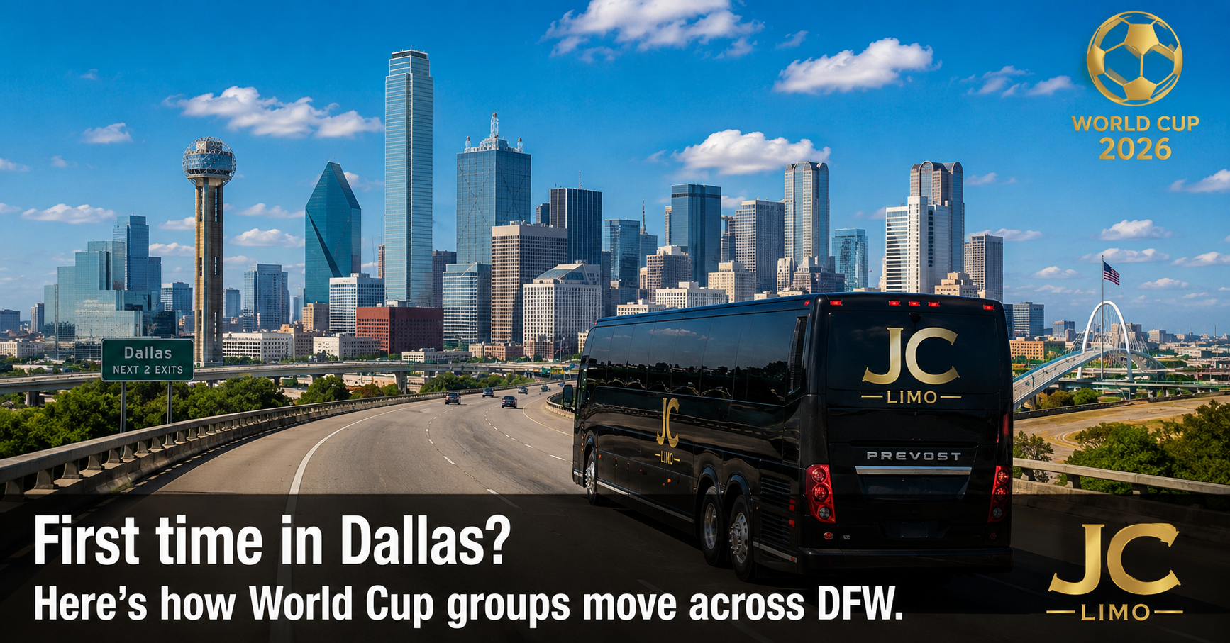 Black JC Limo bus on a highway with the Dallas skyline in the background and a World Cup 2026 logo in the top right corner, conveying a Dallas travel promo.