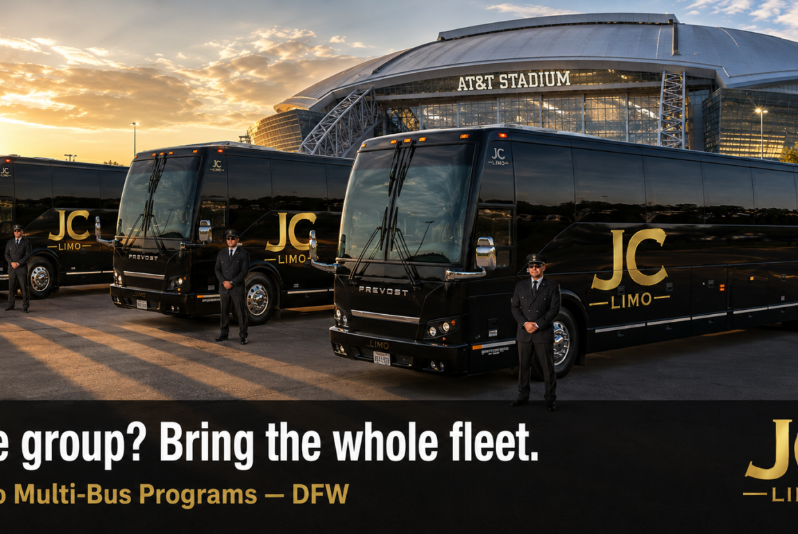 JC Limo Three black JC Limo Prevost buses with uniformed drivers in a parking lot at sunset, AT&T Stadium in the background.