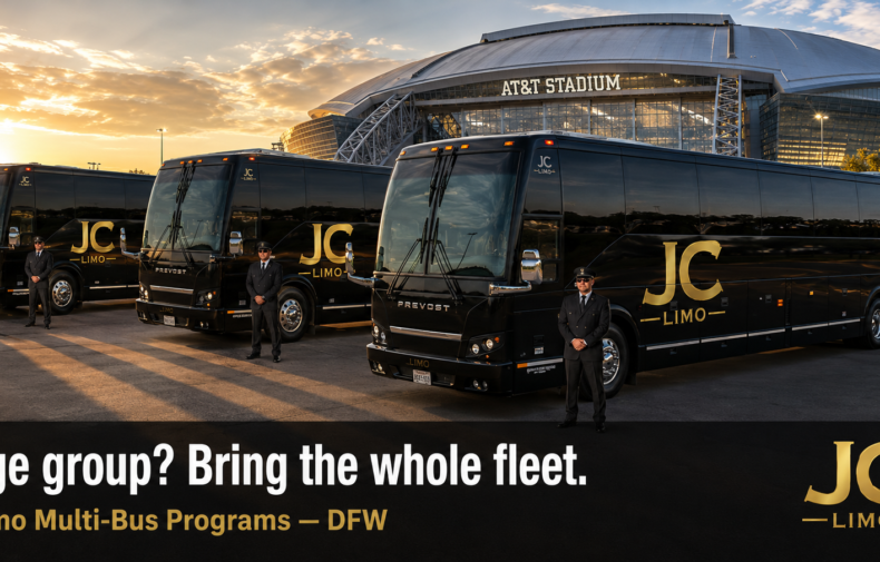 JC Limo Three black JC Limo Prevost buses with uniformed drivers in a parking lot at sunset, AT&T Stadium in the background.