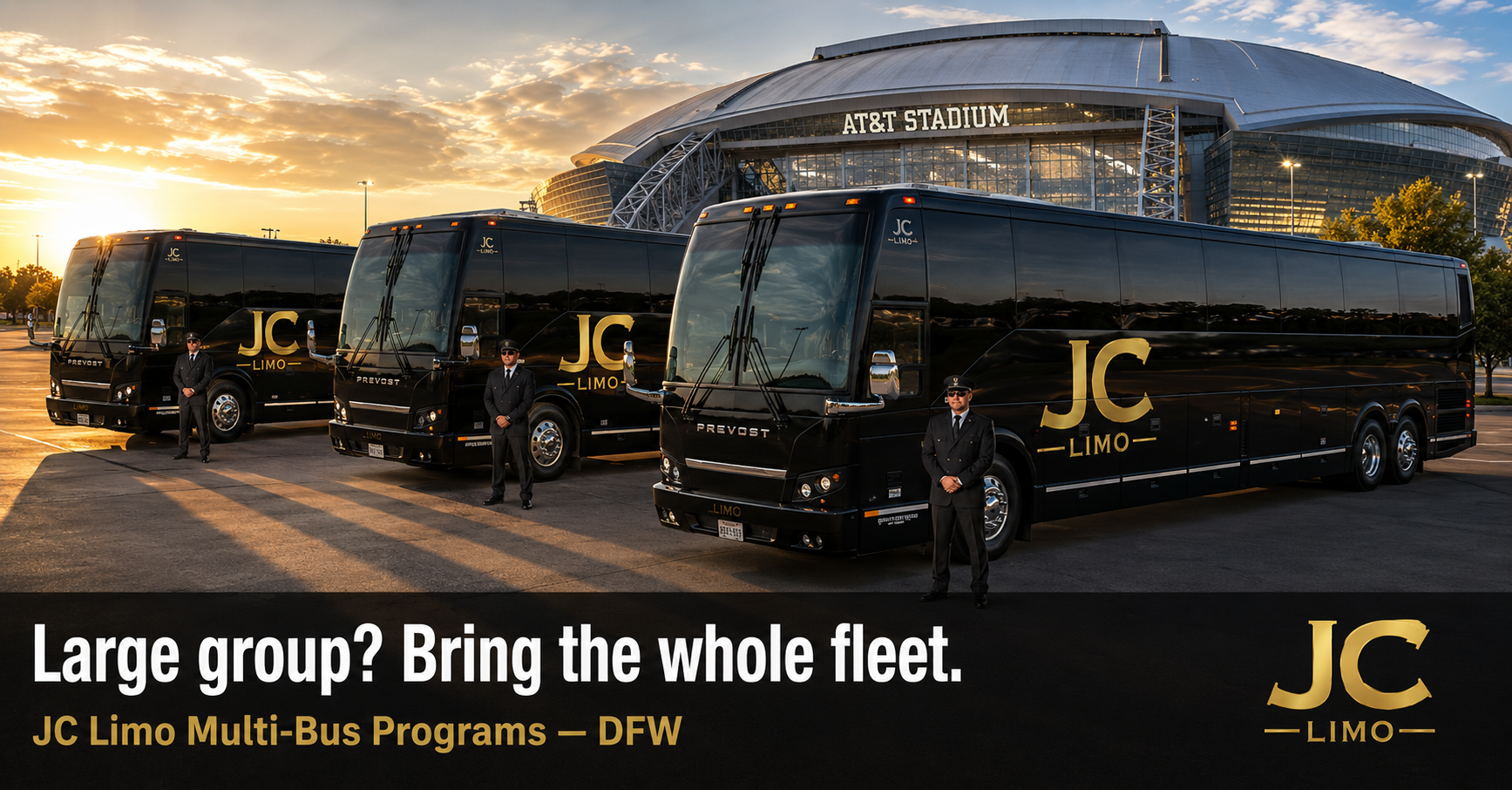 Three black JC Limo Prevost buses with uniformed drivers in a parking lot at sunset, AT&T Stadium in the background.