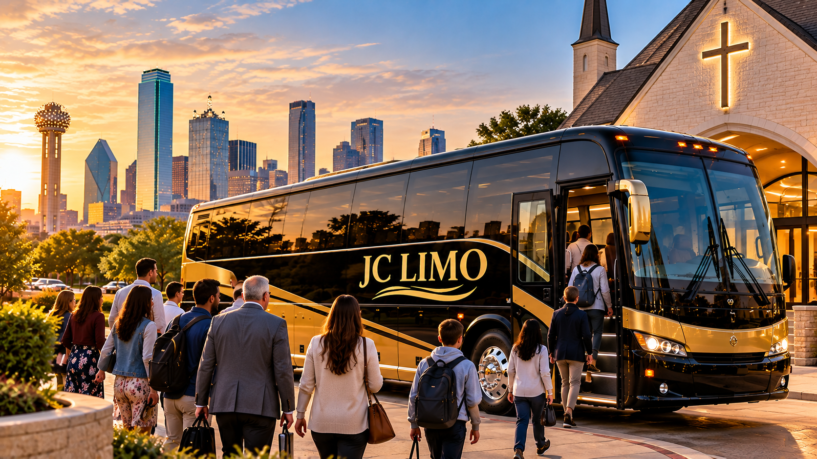 Church Group Boards Luxury Bus at Sunset - JC Limo JC Limo